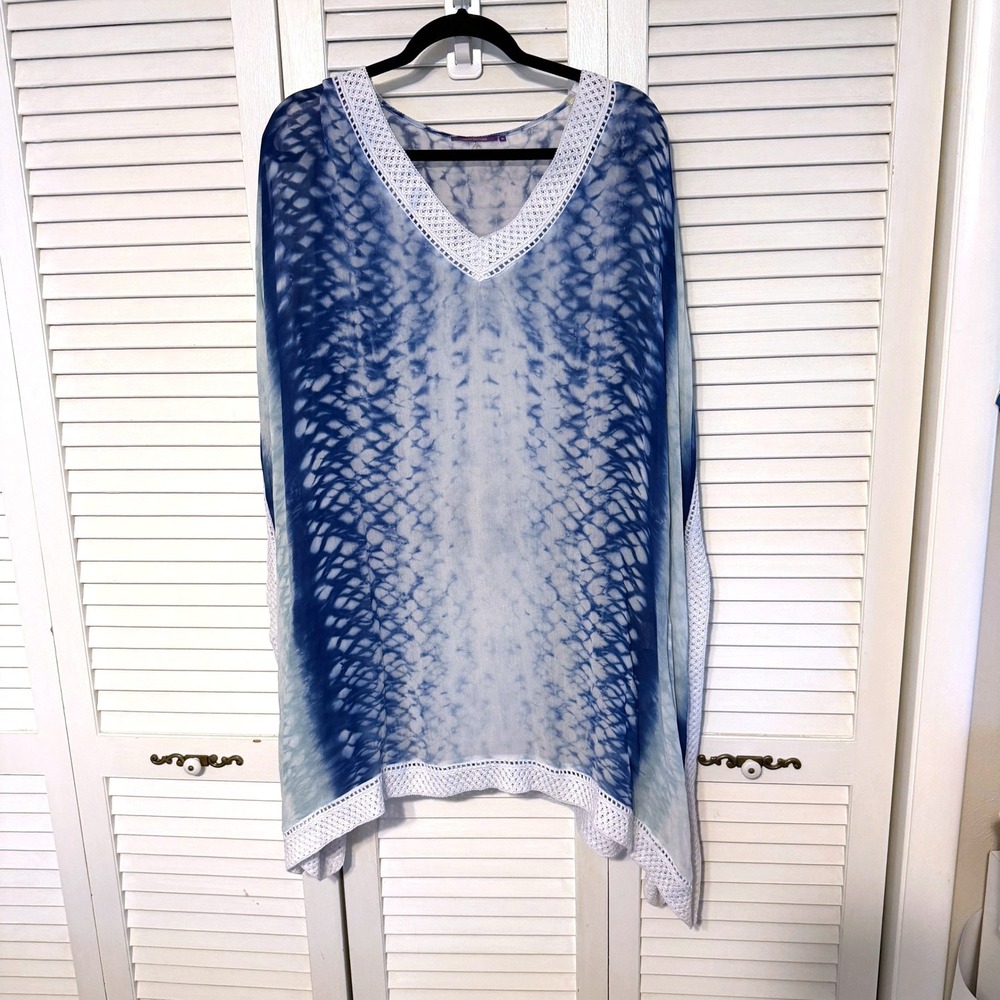 Amita Naithani Kaftan Tunic Tie Dye Crochet XL Blue Womens Boho Beach‎ Coverup